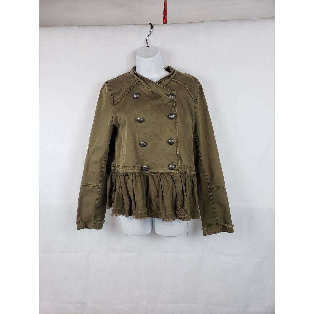 FREE PEOPLE Romantic Ruffle khaki Green Brown 98% Cotton Button Down Sz S-M